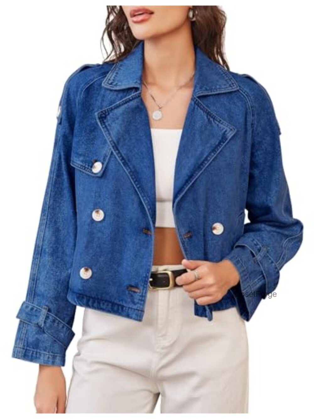 Women Cropped Denim Trench Jacket Double Breasted Lightweight Jean Jacket